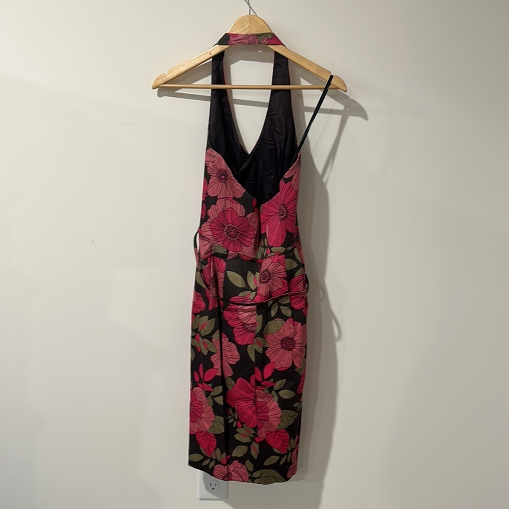 • David Meister • Floral Pink Dark Brown Halter Neck Knee Length Dress 4 Belted - Picture 4 of 5